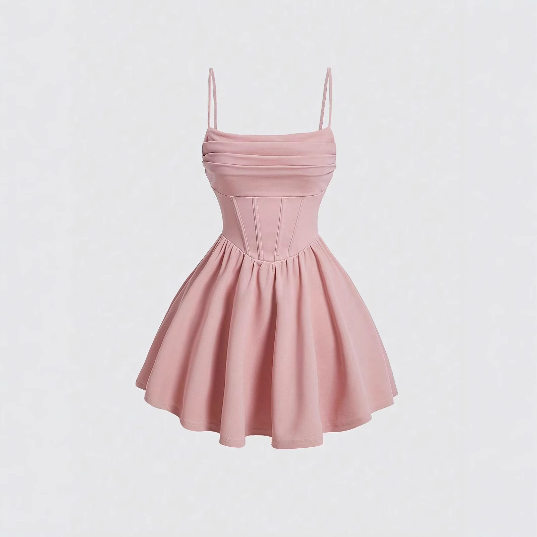 Sexy Dress Solid Color Pleated Back Zipper Sling Dress - Image 4