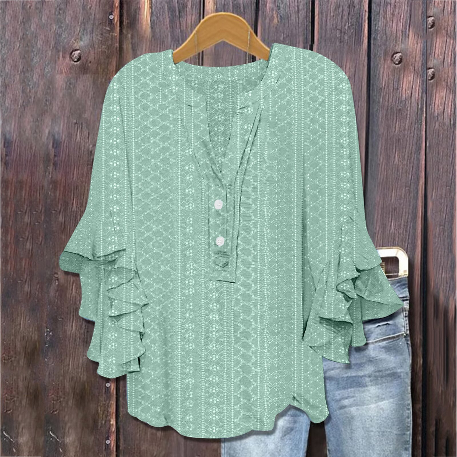 Printed Casual Trend V neck Flounce Sleeve T shirt Green - Shop at LoveMi