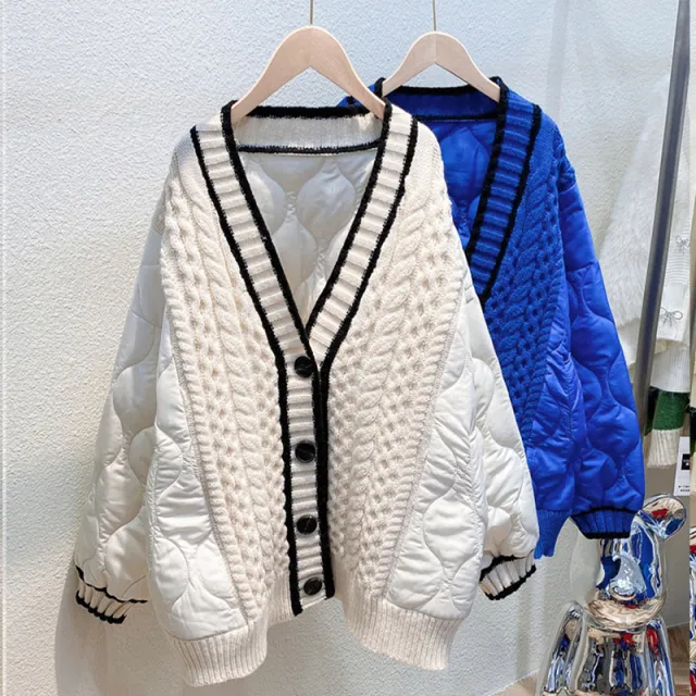 Idle Style Knitted Stitching Cotton padded V neck Cardigan Beige - Shop at LoveMi