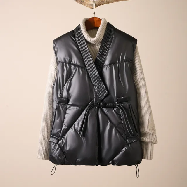 Simple V neck Waistcoat Outerwear Glossy Cotton Vest Jacket Black - Shop at LoveMi