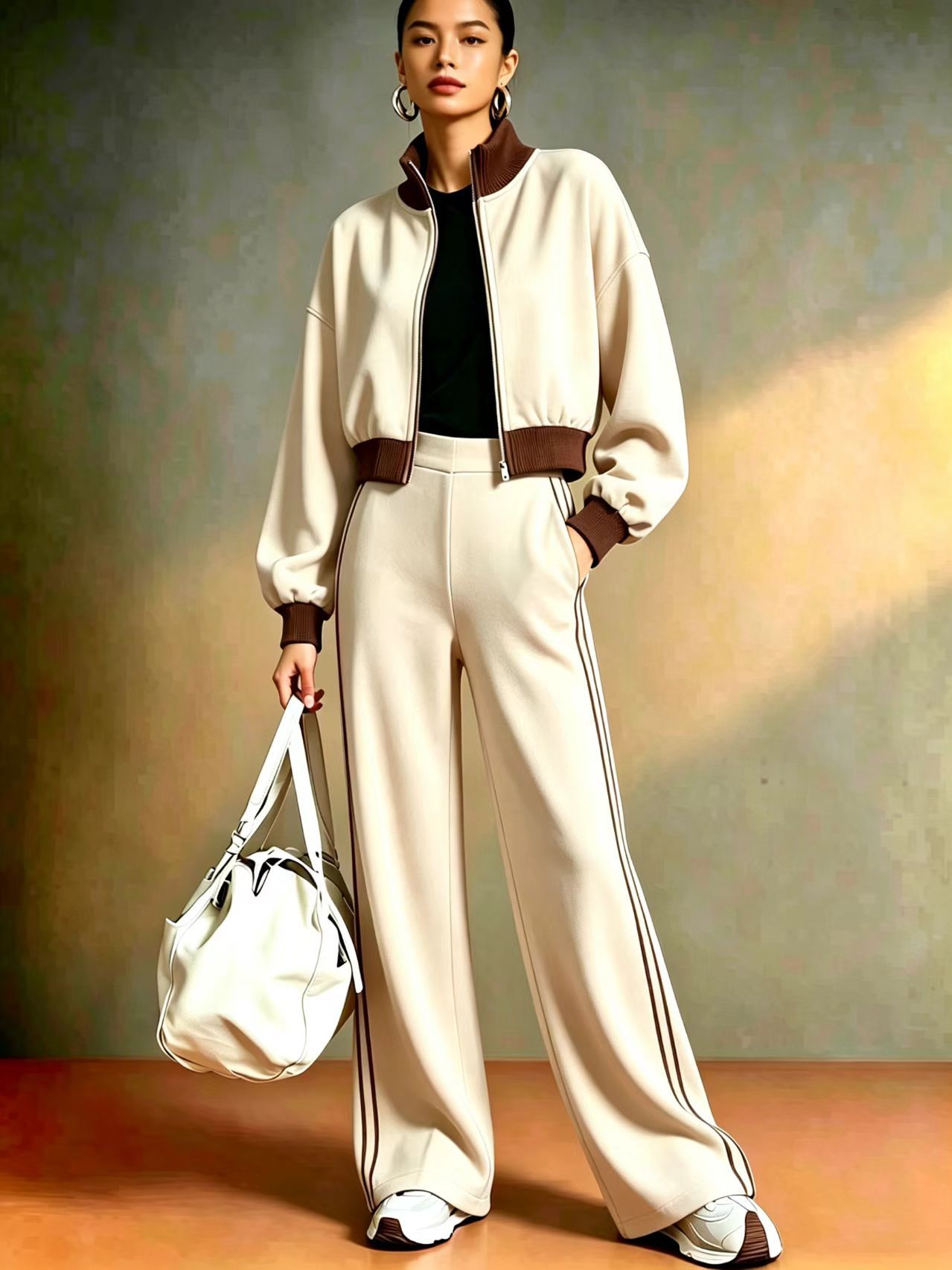 Front view of women's color-block ribbed outfit