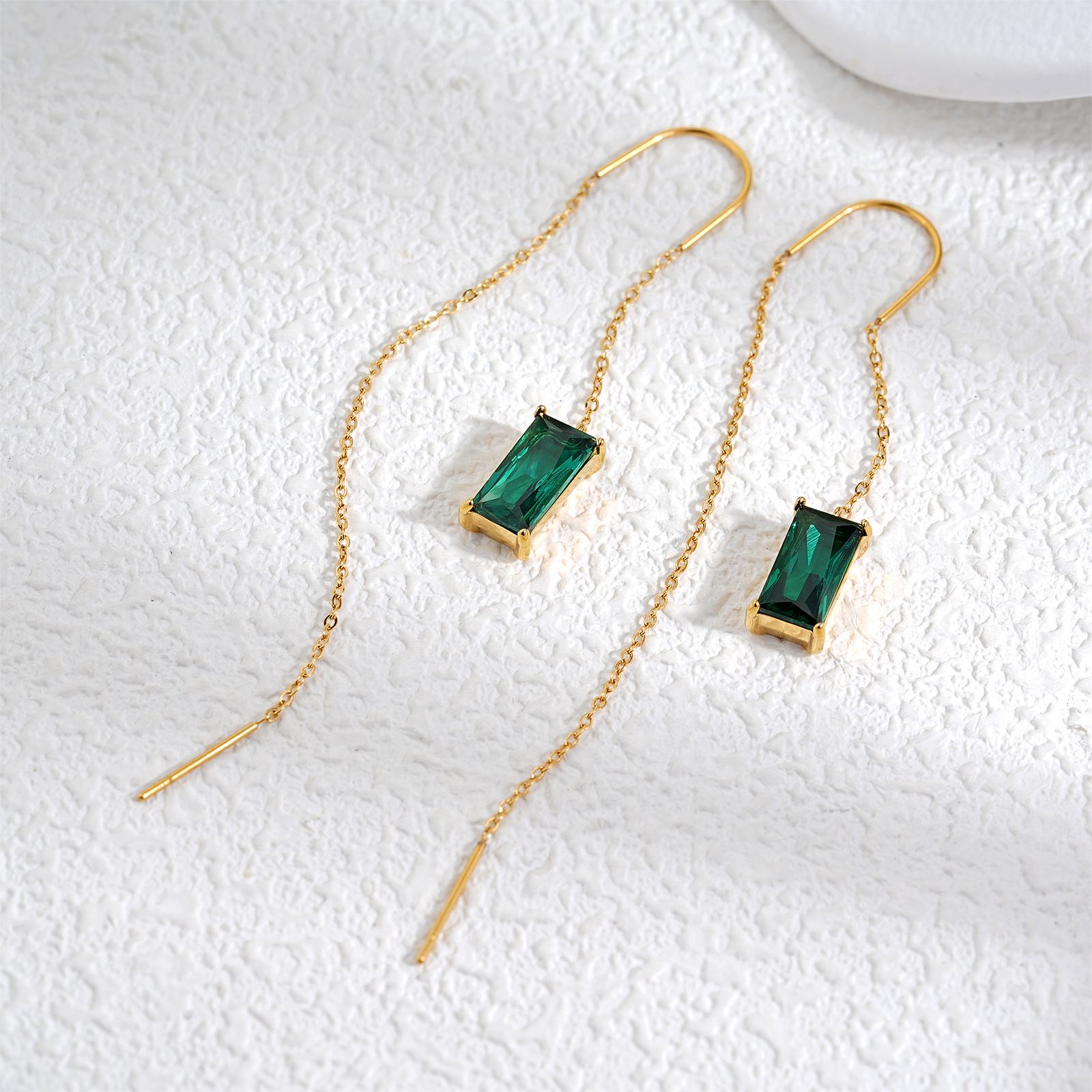 Green Zircon Stainless Steel Tassel Earrings