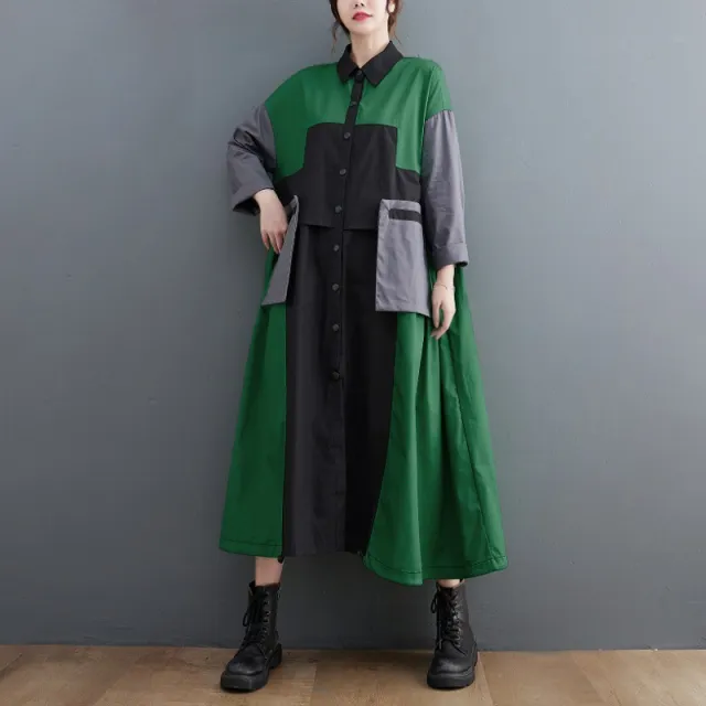 Plus Size Women's Contrast Color Loose fitting Slimming Coat Green - Shop at LoveMi