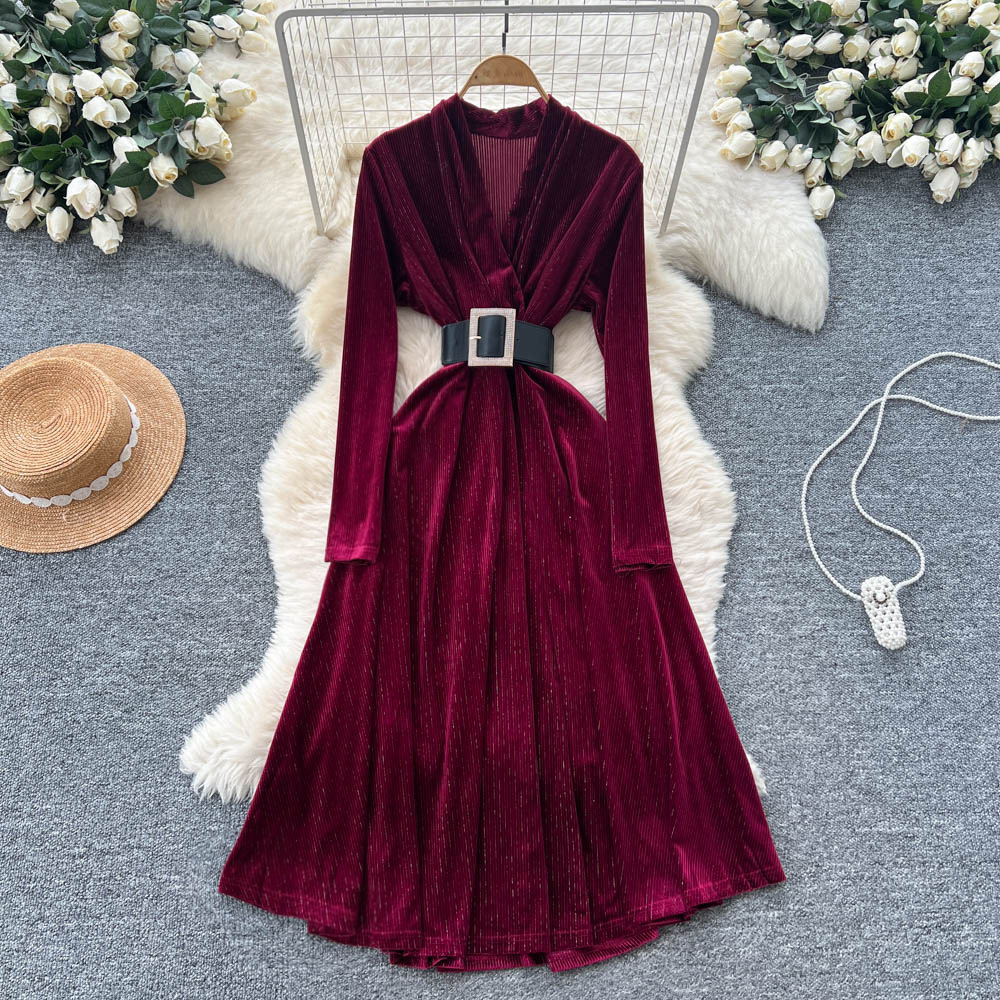 Womens Long-Sleeve Bandage Velvet Dress