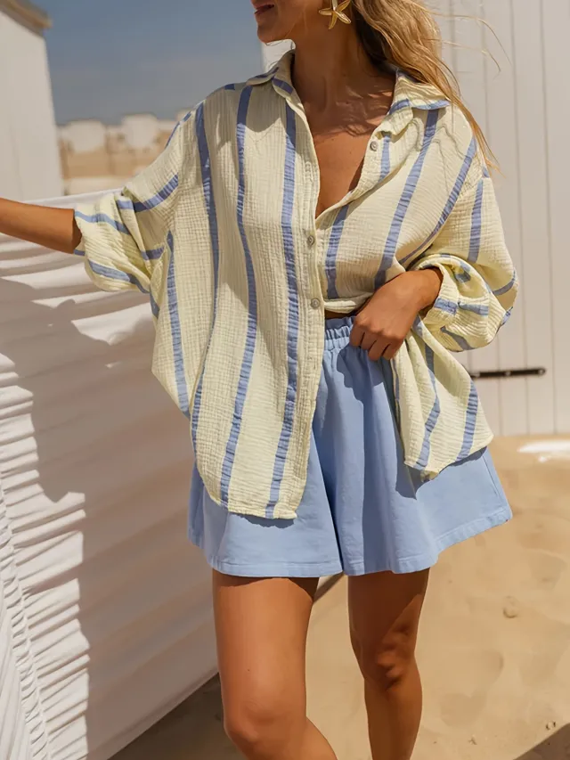 Women's Casual Loose fitting Blue Vertical striped Shirt Blue - Shop at LoveMi