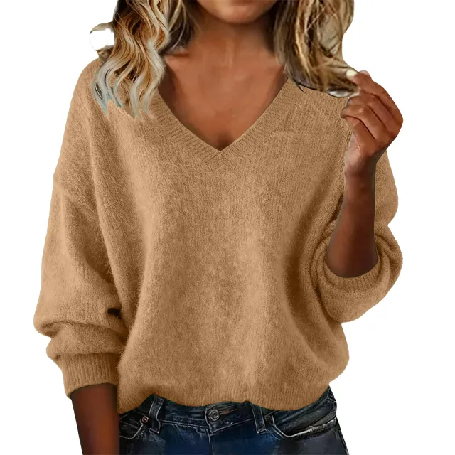 New Fashion Loose Solid Color V neck Sweater Women Khaki - Shop at LoveMi