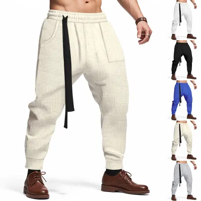 Men's Casual Pants Solid Waffle Male Hip Hop Streetwear Track Pants Joggers Trousers Fashion Harajuku Men Pants