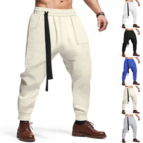 Men's Casual Pants Solid Waffle Male Hip Hop Streetwear