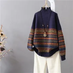 Women's Half Turtleneck Pullover Artistic Retro - Navy Blue - View 1