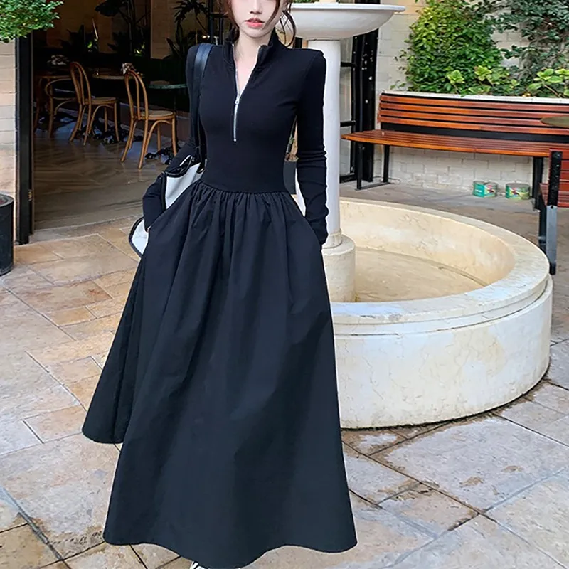 Women's Fashion Casual Slim Fit Long Sleeve Dress - Black