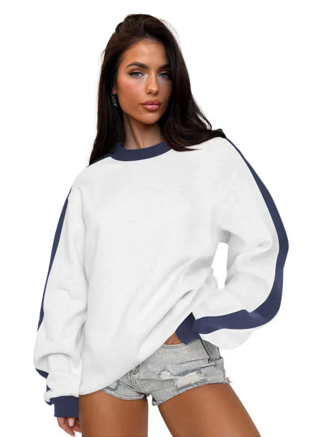 Women's Contrast Color Round Neck Loose Sweater Long sleeved Top Gray - Shop at LoveMi