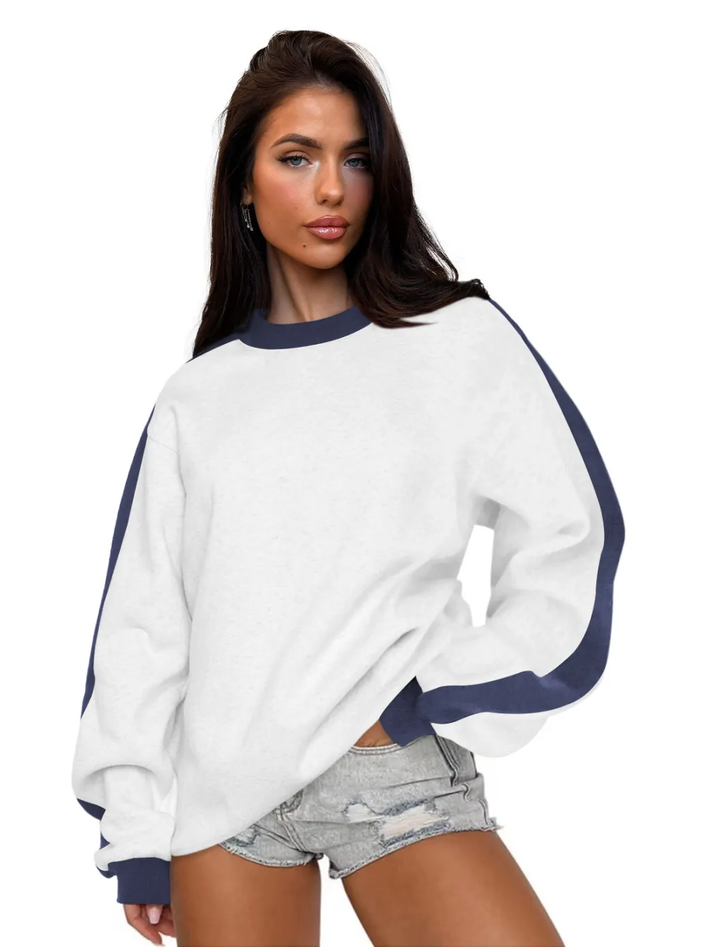 Women's Contrast Color Round Neck Loose Sweater Long-sleeved Top - Gray