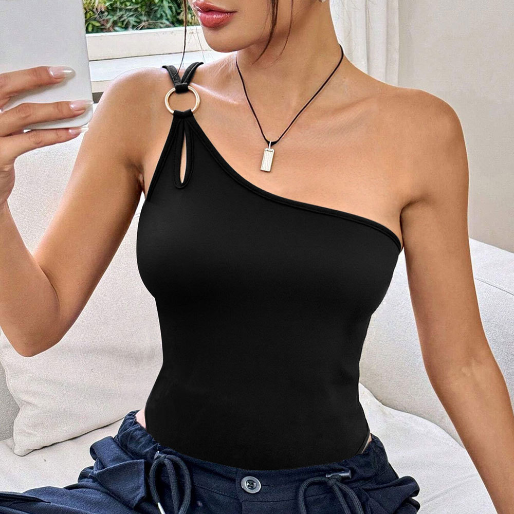 Womens Solid-Color One-Shoulder Jumpsuit With Metal Embellishments And Cutout Details