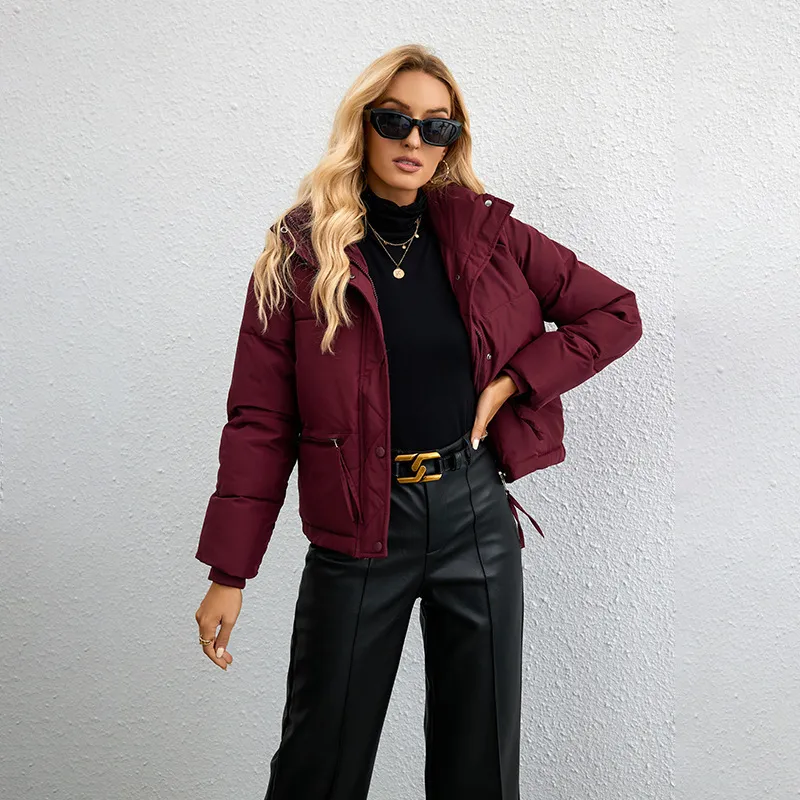 Women's Fashion Simple Loose Zipper Cotton Jacket - Cherry Red