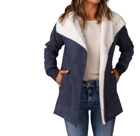 Women's Long sleeved Suede Lambswool Warm Coat Blue - Shop at LoveMi