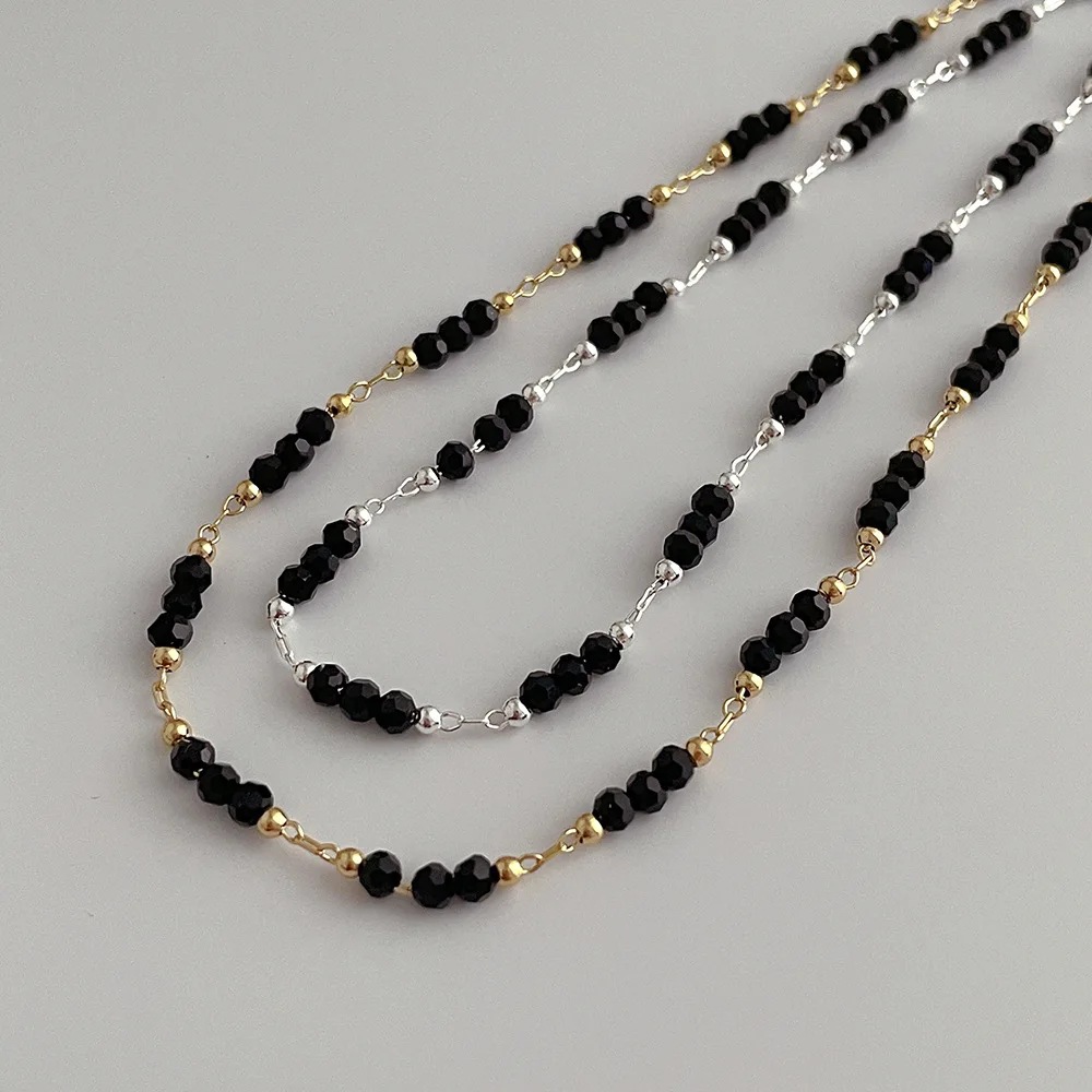 Women's Black Crystal String Beads Necklace