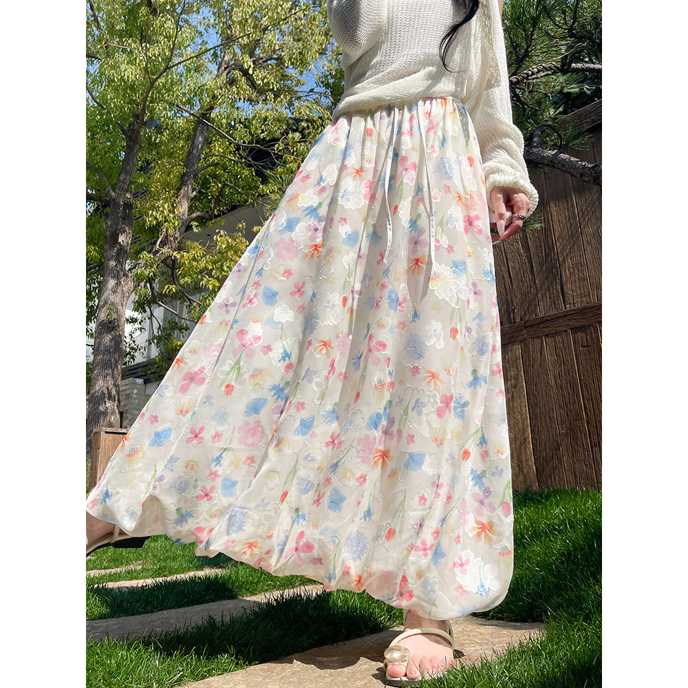 High-Waisted Cloud Print Midi Puffy Skirt – Contrast Color