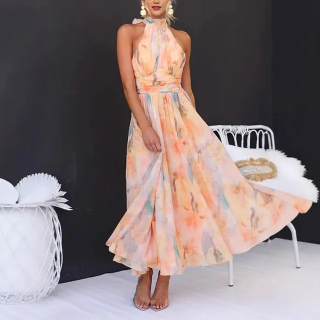 Women's Clothing Vacation Style Sleeveless Printed Backless Dress Coral - Shop at LoveMi