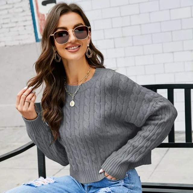 Women's All match Loose Round Neck Twisted Short Knitted Sweater Gray - Shop at LoveMi