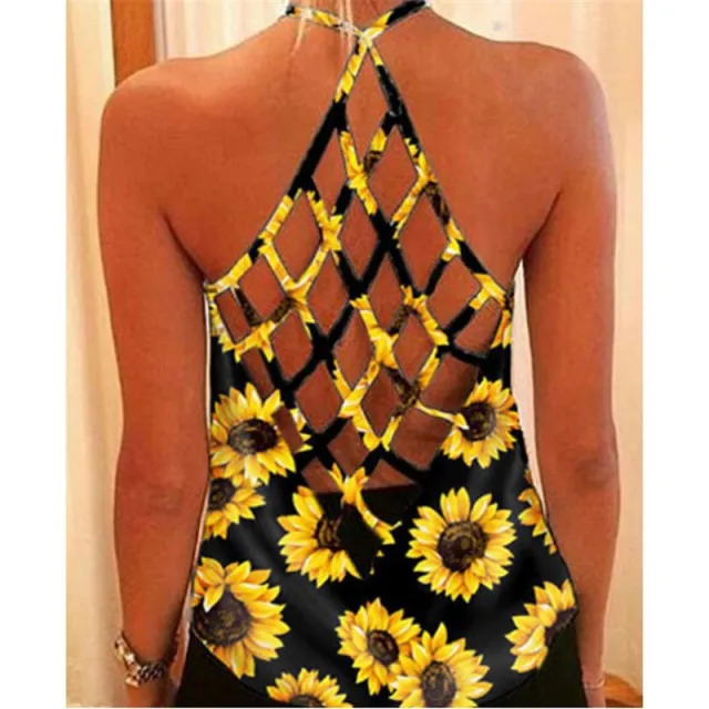 Summer New Printed T shirt Cross Hollow Back Spaghetti strap Camisole Top Women In Stock Black - Shop at LoveMi