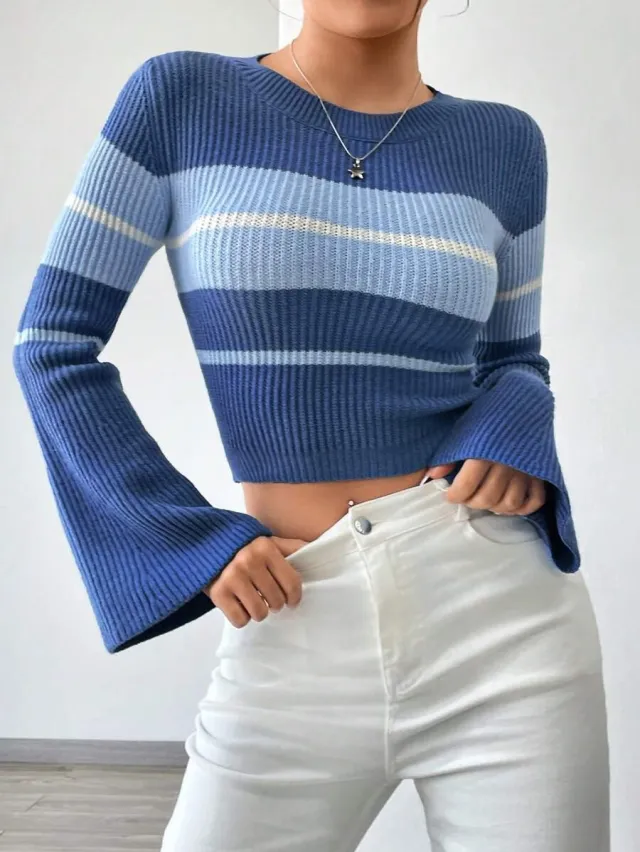 Round Neck Long Sleeve Flared Sleeves Striped Contrast Color Knitted Pullover Blue - Shop at LoveMi