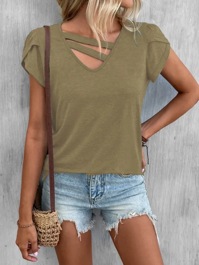 Women's Solid Color And V neck Petal Sleeve Loose T shirt Khaki - Shop at LoveMi
