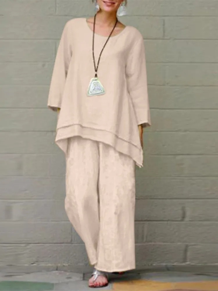 Solid Color National Style Cotton And Linen Casual Long Sleeve Loose Outfit