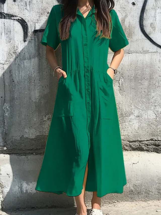 Women's Short sleeved Button Casual Pocket Dress Dark Green - Shop at LoveMi
