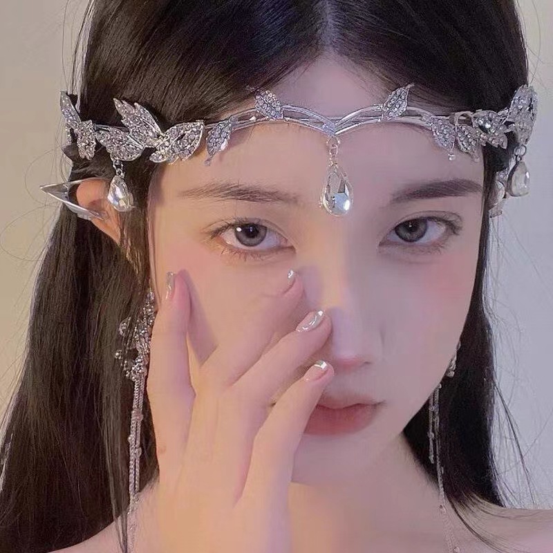 Crown Mori Style Leaves Water Drop Full Diamond Bride Forehead Ornament Super Fairy Princess On The Run Hair Band