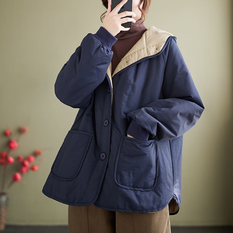 Loose Slimming And Fashionable Cotton padded Coat Navy - Shop at LoveMi