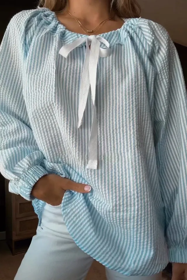 Women's Chiffon Shirt Striped Lace up Top Light Blue - Shop at LoveMi