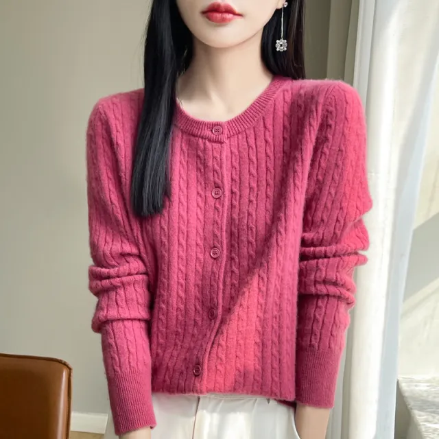 Women's Round Neck Wool Cardigan Twisted Wool Sweater Raspberry Color M - Shop at LoveMi