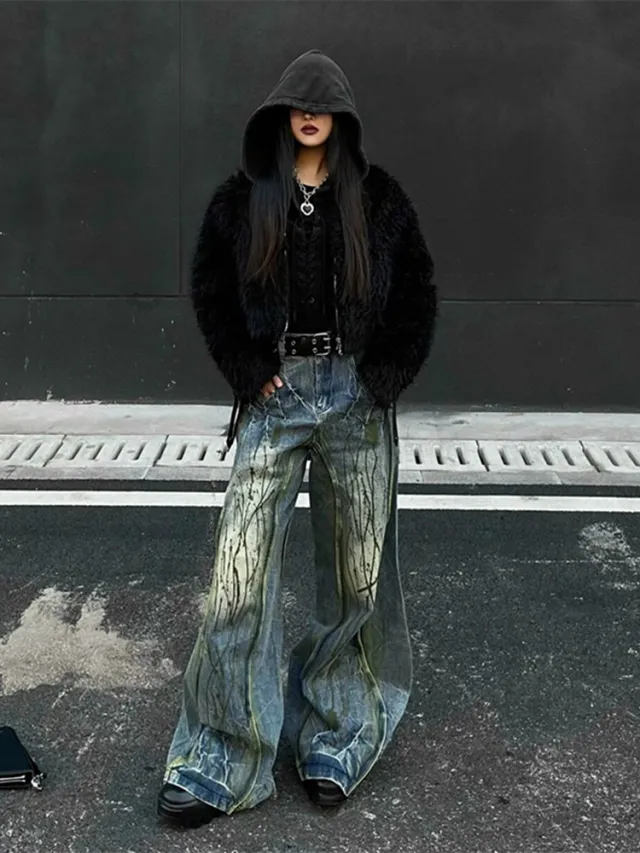 Women's Loose Drooping High Waist Splash ink Jeans Retro Blue - Shop at LoveMi