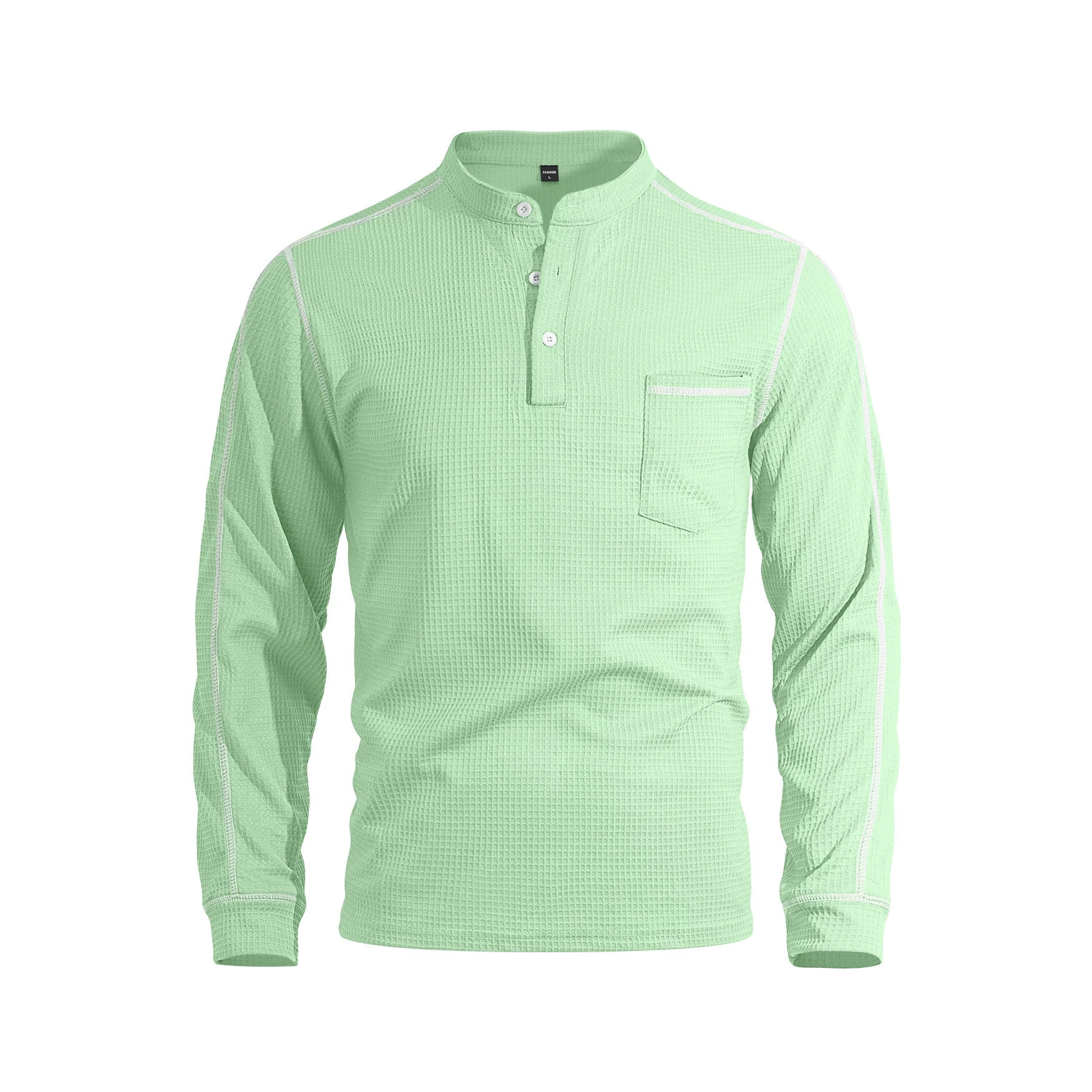 Mens Waffle-Texture Henley-Neck Long-Sleeve Polo Shirt view 10