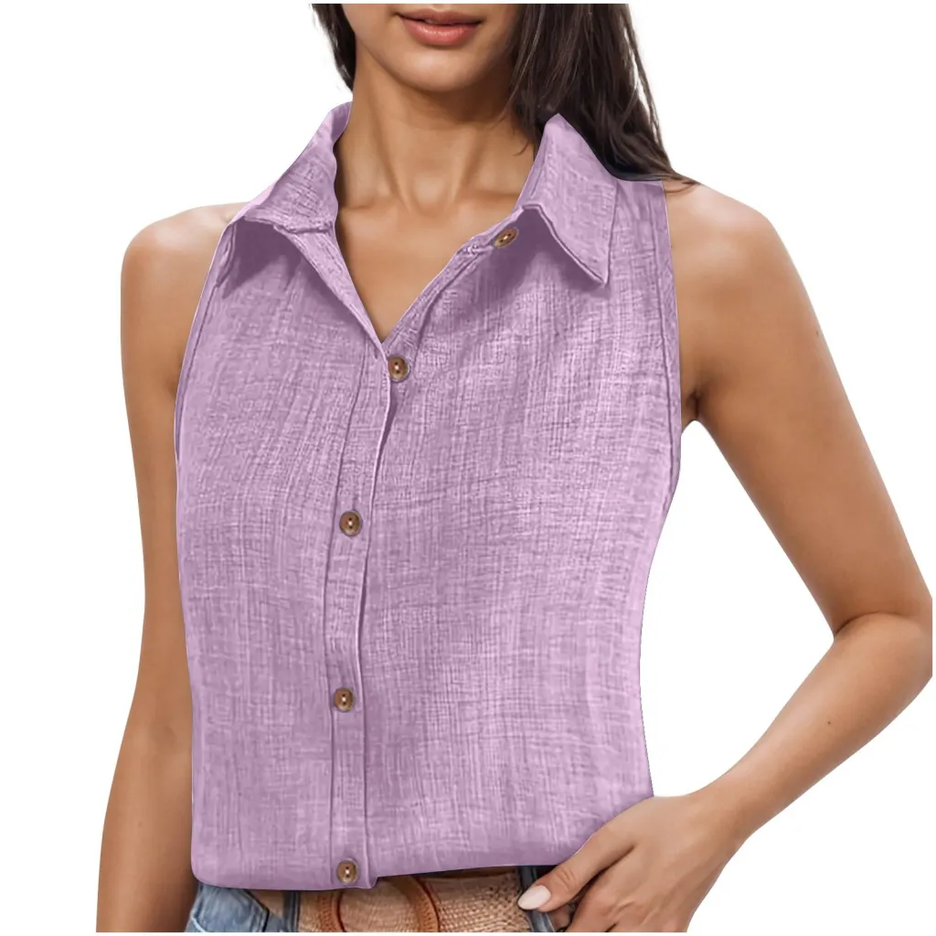 Lapel Cotton Linen Button Sleeveless Shirt Women's Clothing - 50 Style-Xxl