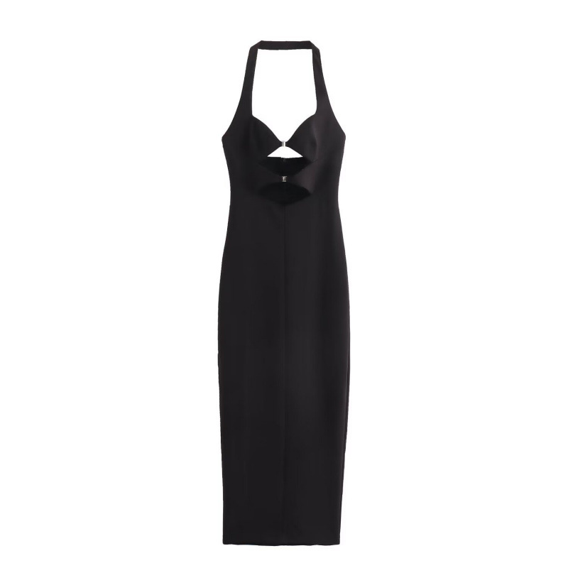 European And American Sexy Buckle Decoration Opening Design Hanging Collar Dress