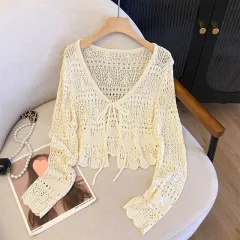 Knitted Long Sleeve Sun Protection Thin Cardigan Blouse Ice Silk Air Conditioning Top - Apricot - View 1