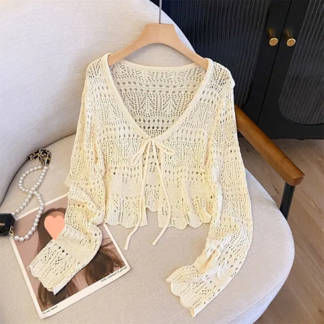 Knitted Long Sleeve Sun Protection Thin Cardigan Blouse Ice Silk Air Conditioning Top Apricot - Shop at LoveMi