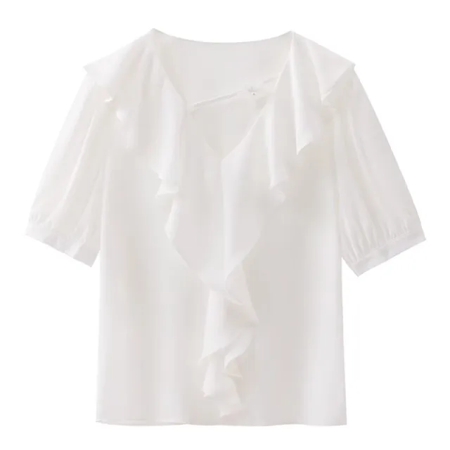 Women's French Ruffled Puff Sleeve Short Sleeve Top White - Shop at LoveMi