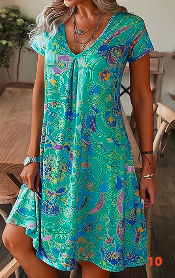 Printed Floral Pattern Round Neck Short Sleeve Dress 10 Style - Shop at LoveMi