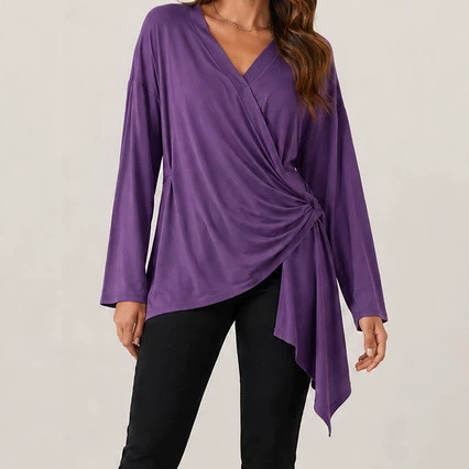 Strap-style Solid-color Elegant V-neck Casual Long-sleeve Top