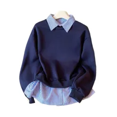 European And American Stripe Patchwork Fake Two-piece Women's Hooded Long-sleeved Sweatshirt - Blue - View 1