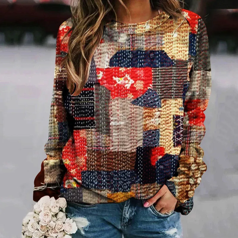 Printed Patchwork Round Neck Raglan Long Sleeve Women's Sweater - Tmw1016Color-S