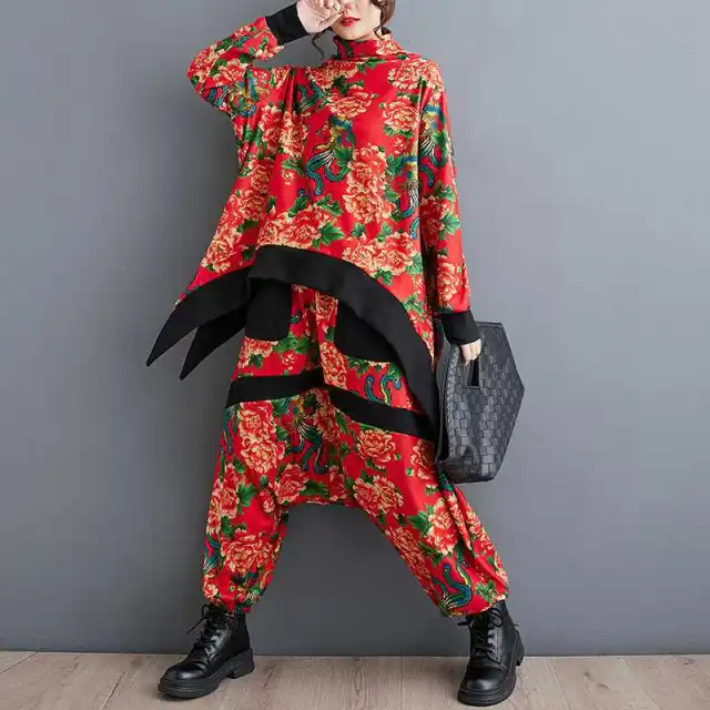 Fashion Peony Big Flower Youthful looking Loose Top Baggy Pants Two piece Set Peony Flower Suit - Shop at LoveMi