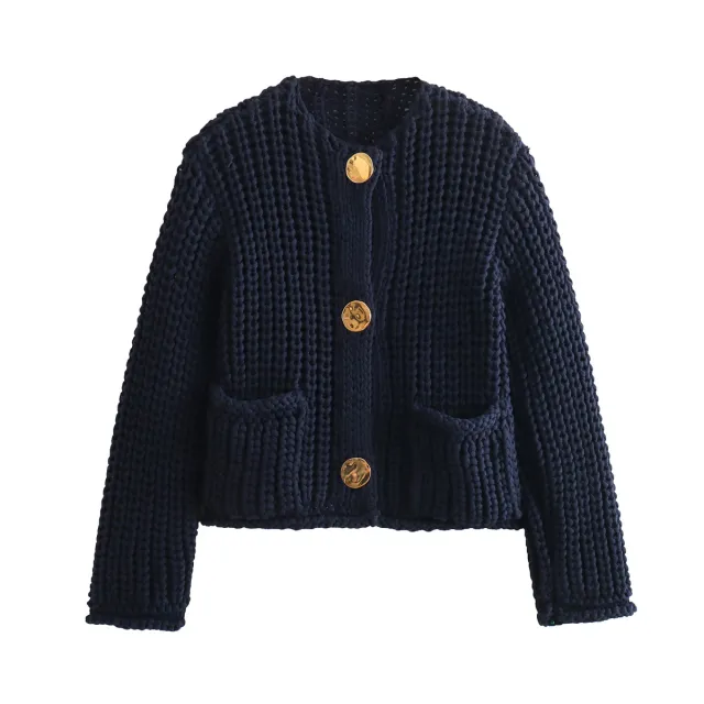 European And American Solid Color Single breasted Double Pocket Short Thick Sweater Coat Top Navy Blue - Shop at LoveMi