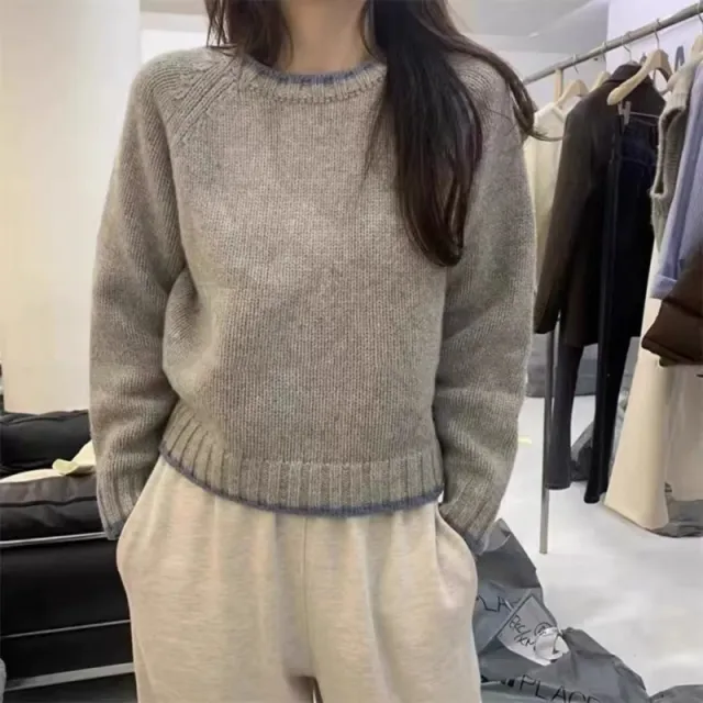 Loose fitting Pullover Round neck Color Matching Inner Bottoming Sweater Blue - Shop at LoveMi