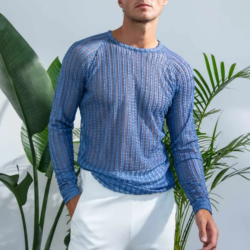 Mens Autumn Textured Striped Loose-Fit Long-Sleeve T-Shirt
