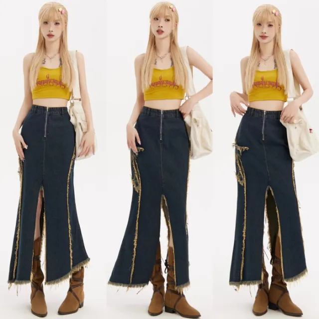 Irregular Raw Hem Distressed XINGX Denim Fishtail Skirt Blue - Shop at LoveMi
