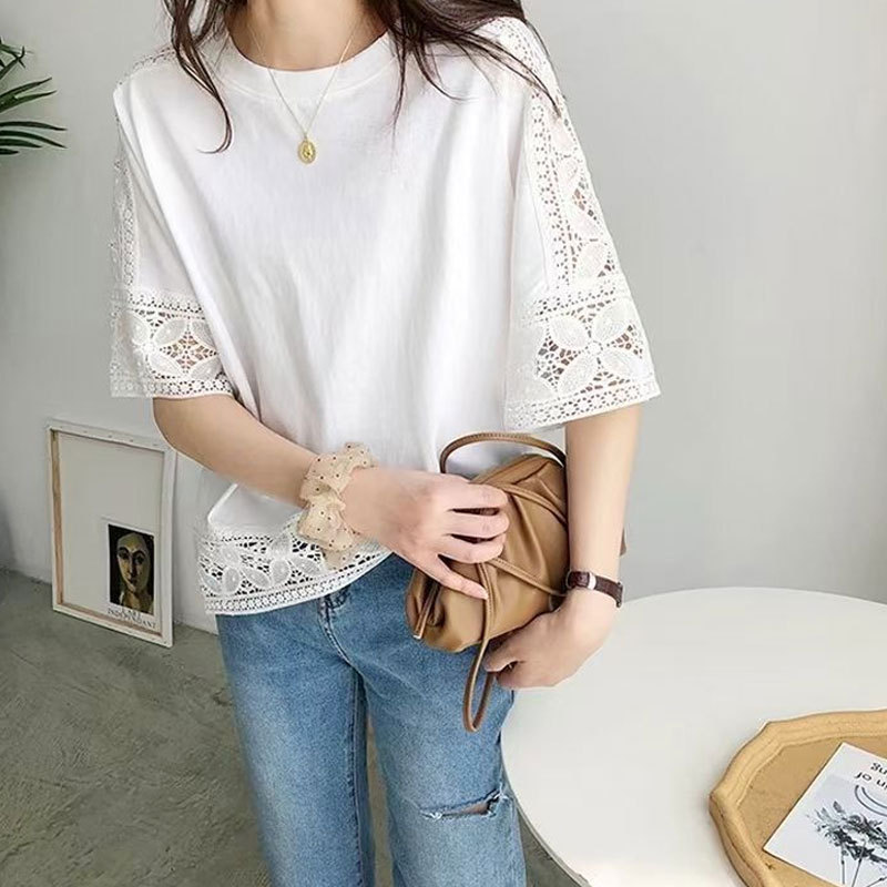 Solid Color Loose Half Sleeves Pullover Crew Neck T-shirt Top