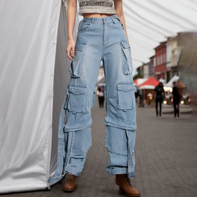 Multi pocket Decorative Ribbon Design Hollow Cargo Jeans Blue - Shop at LoveMi